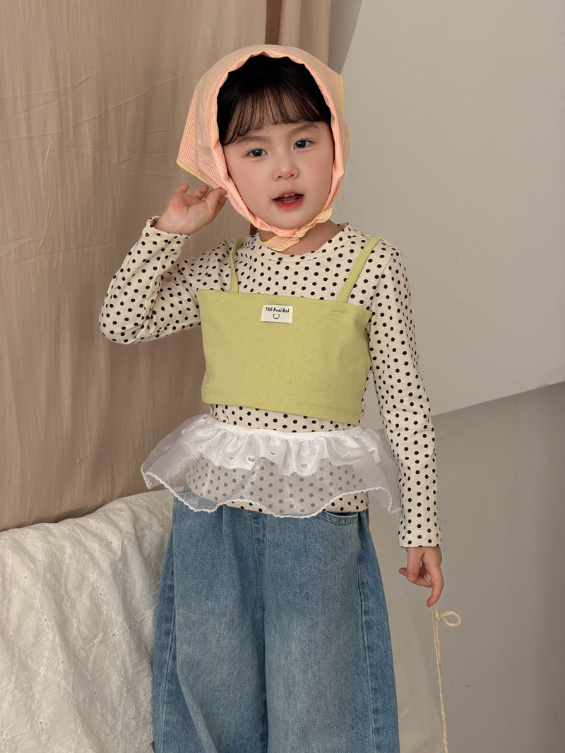 【90-140cm】假兩件長袖圓點吊帶拼色上衣