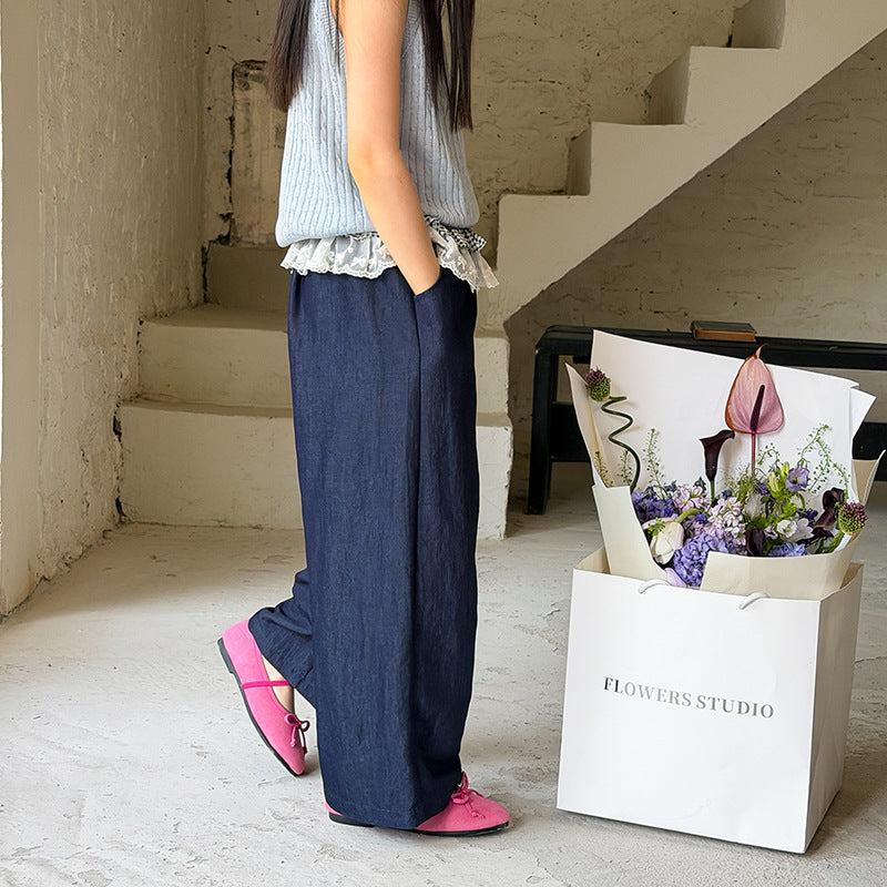 【100-170cm】韓系甜美雙層蕾絲花邊直筒褲