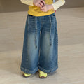 【100-160cm】復古高級感折邊寬鬆牛仔褲