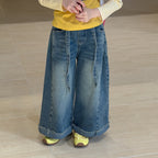 【100-160cm】復古高級感折邊寬鬆牛仔褲