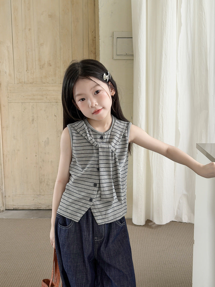 【100-170cm】韓系學院風假兩件披肩條紋背心
