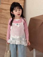 【90-140cm】蕾絲花朵鏤空網吊帶上衣 | 拼色假兩件彈力打底衫