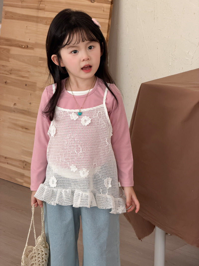 【90-140cm】蕾絲花朵鏤空網吊帶上衣 | 拼色假兩件彈力打底衫