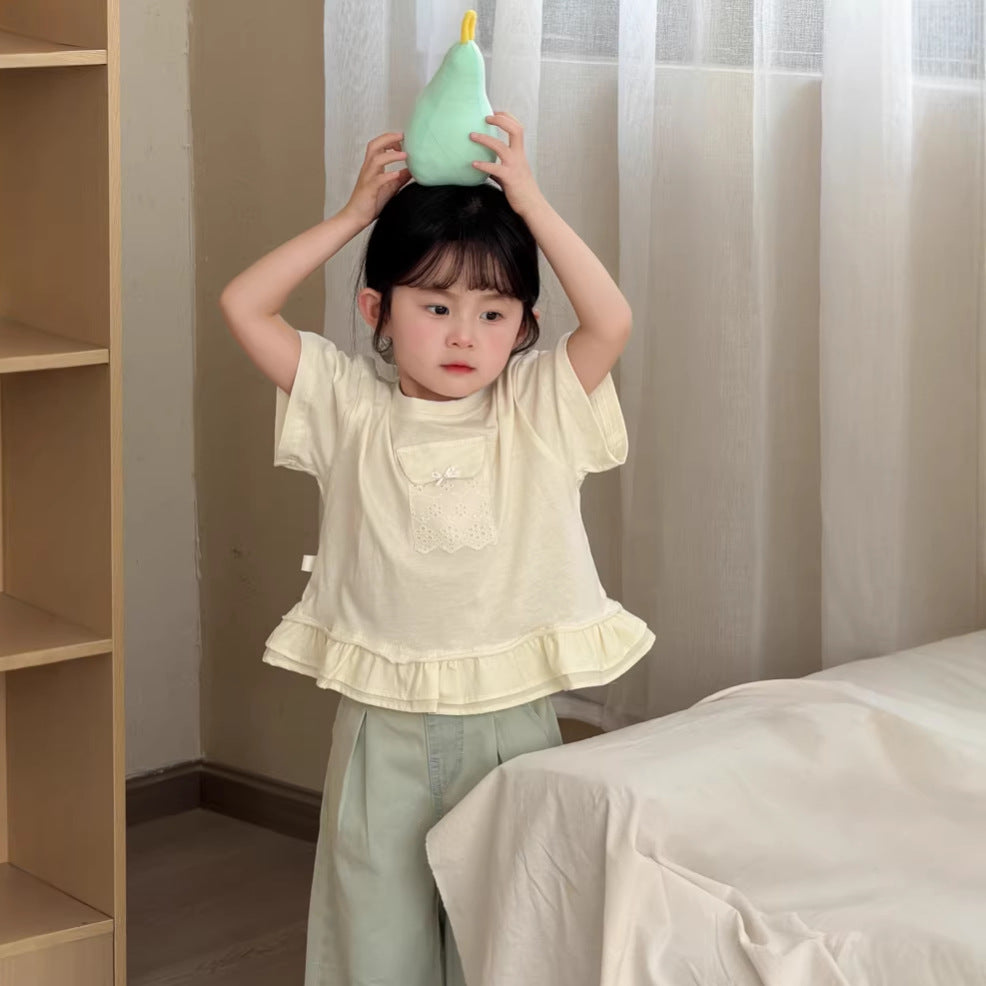 【90-140cm】荷葉邊蕾絲口袋短袖上衣