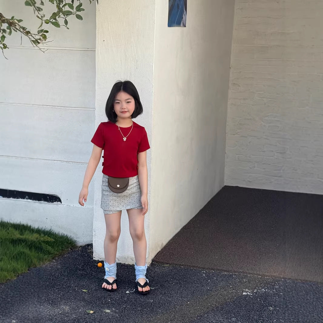 【120-160cm】韓版甜美側邊蝴蝶結短T