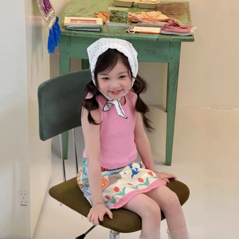 【90-140cm】坑條背心兒童彈性無袖上衣打底衫 | 印花半裙