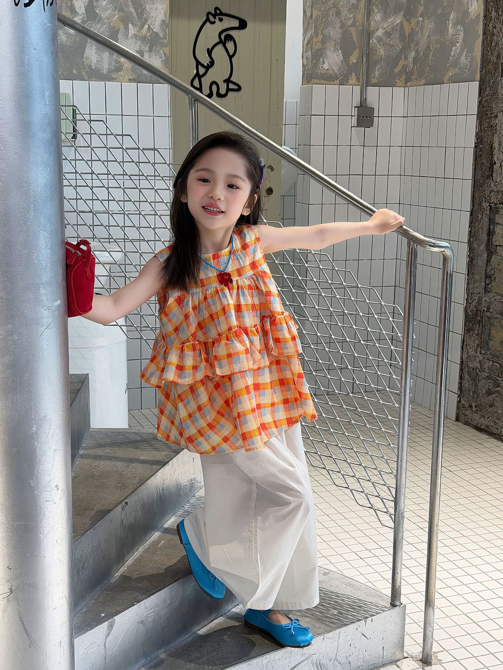 【100-160cm】格子娃娃衫+直筒闊腿褲兩件套裝