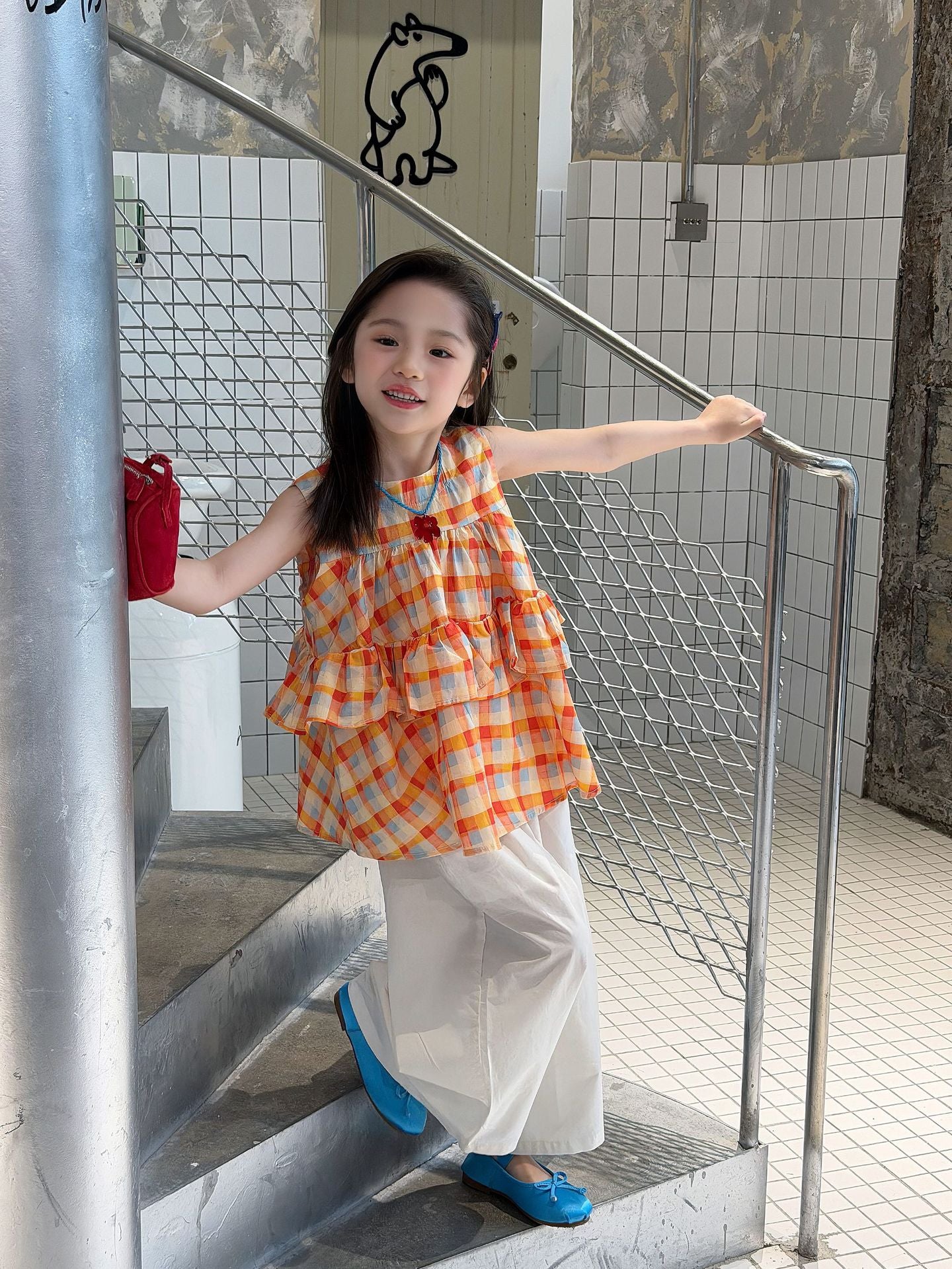 【100-160cm】格子娃娃衫+直筒闊腿褲兩件套裝