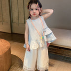 【90-140cm】不規則設計背心+花邊棉布褲兩件套裝