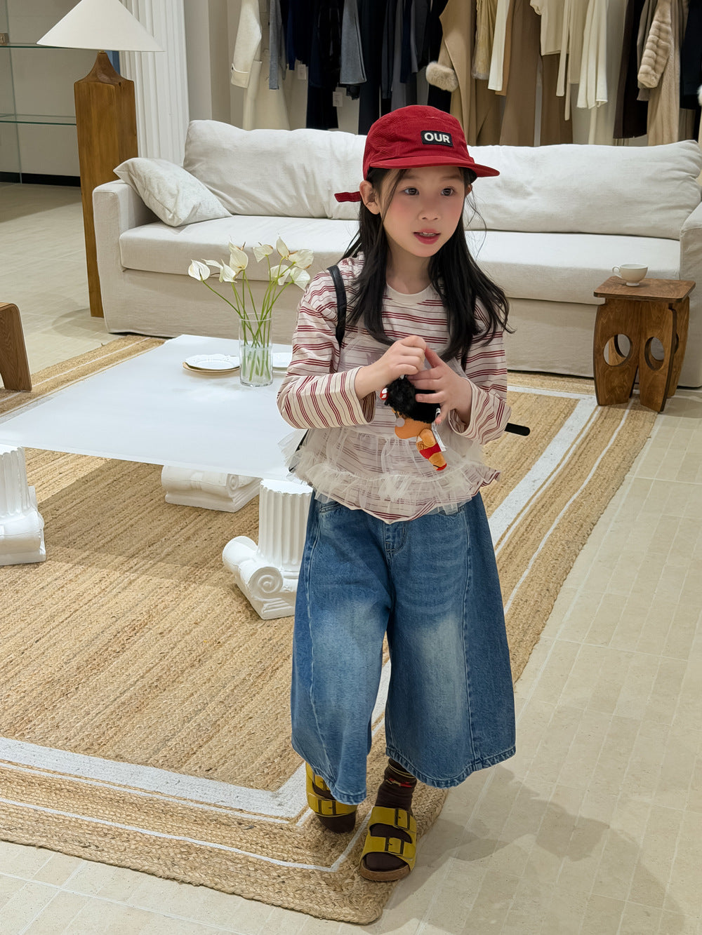 【100-160cm】百搭條紋米奇印花T+網紗兩件套