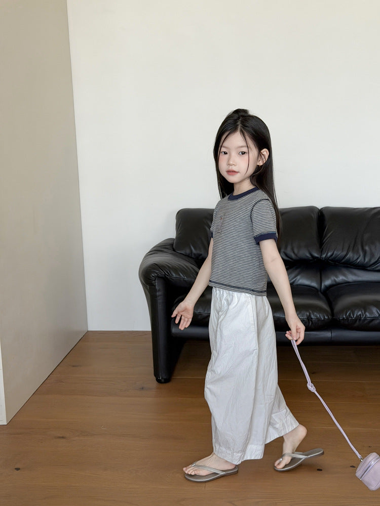 【100-170cm】休閒撞色復古條紋卡通T | 白色休閒褲