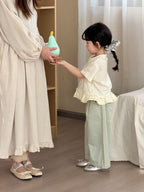 【90-140cm】荷葉邊蕾絲口袋短袖上衣