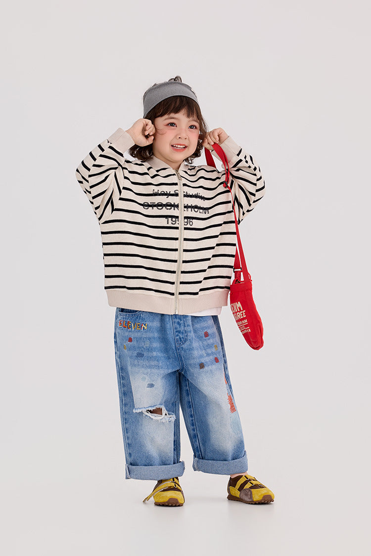 【90-150cm】迷彩條紋字母針織棒球外套