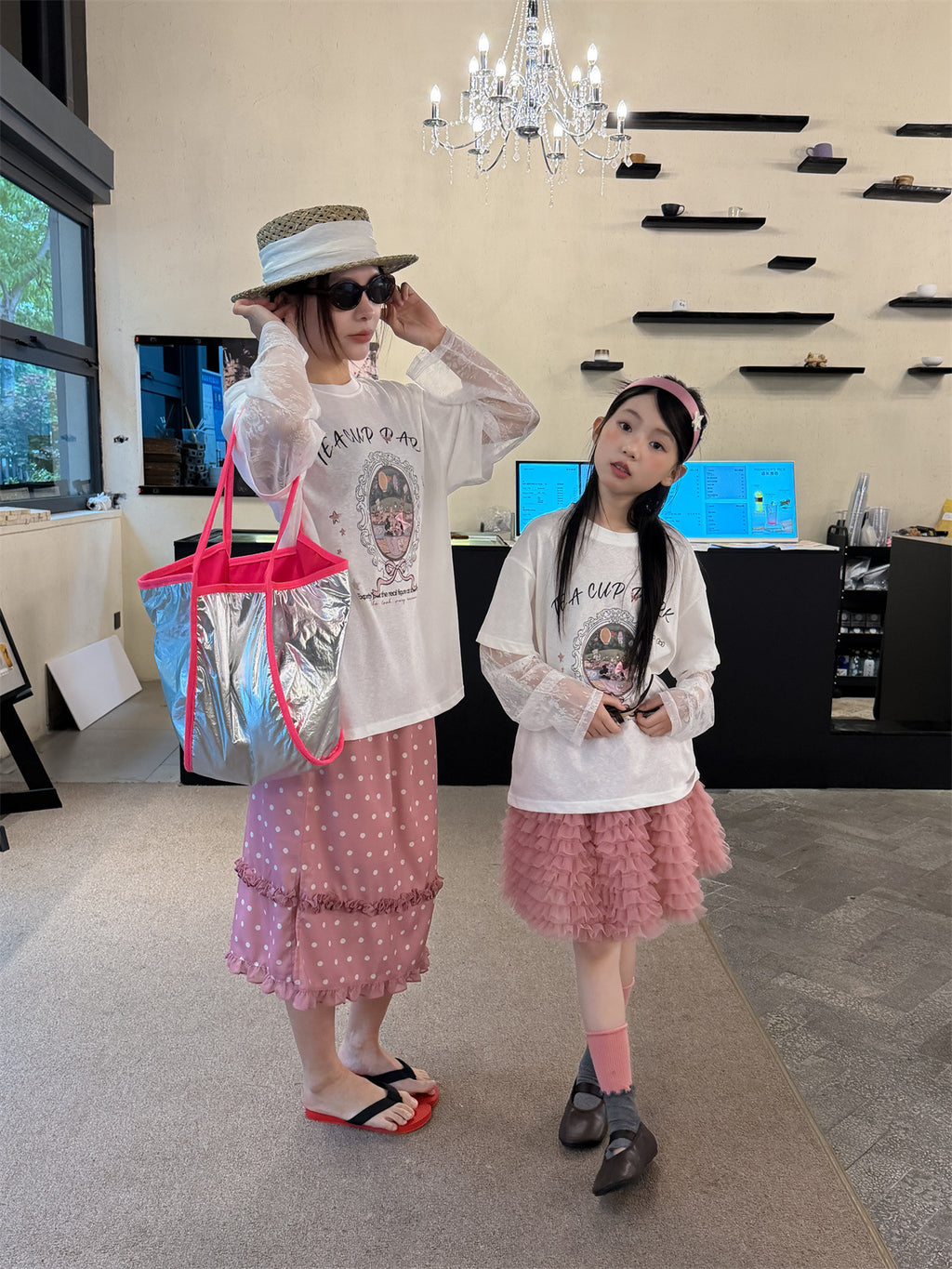 【100-160cm】【親子裝】假兩件蕾絲長袖防曬T