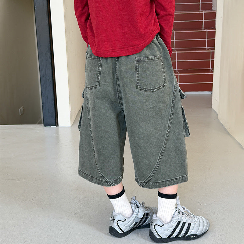 【100-170cm】個性時髦口袋工裝風七分褲