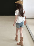 【100-130cm】復古做舊修身牛仔熱褲