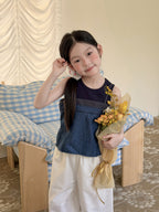 【100-170cm】復古格子拼接牛仔吊帶 | 內搭小背心