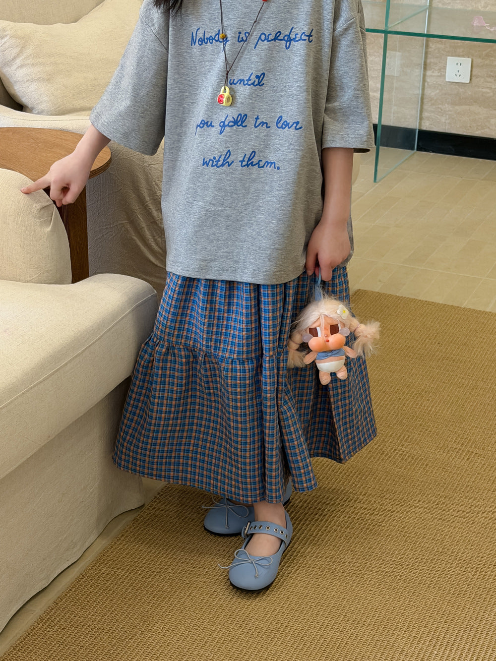 【100-160cm】休閒字母T｜格子半身裙