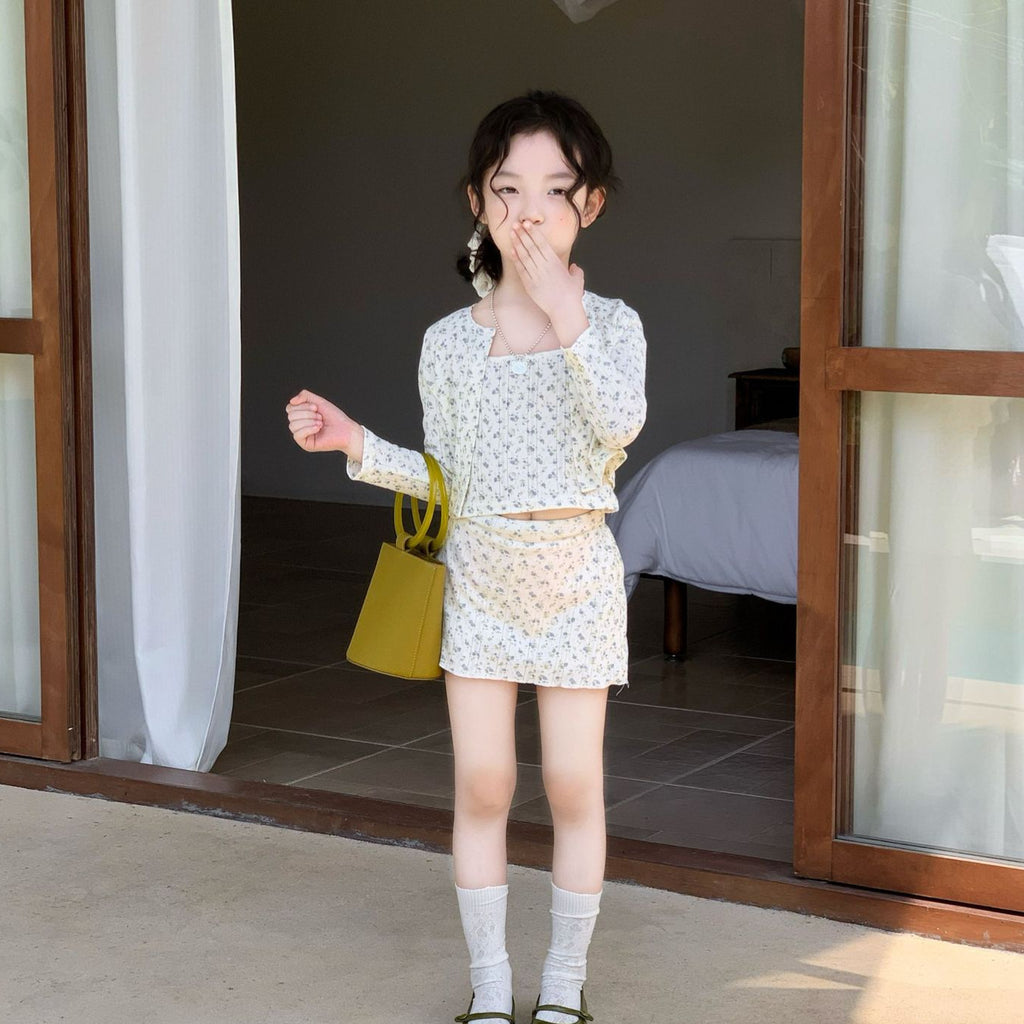 【90-150cm】碎花針織開襟衫  甜美蕾絲花邊短裙套裝