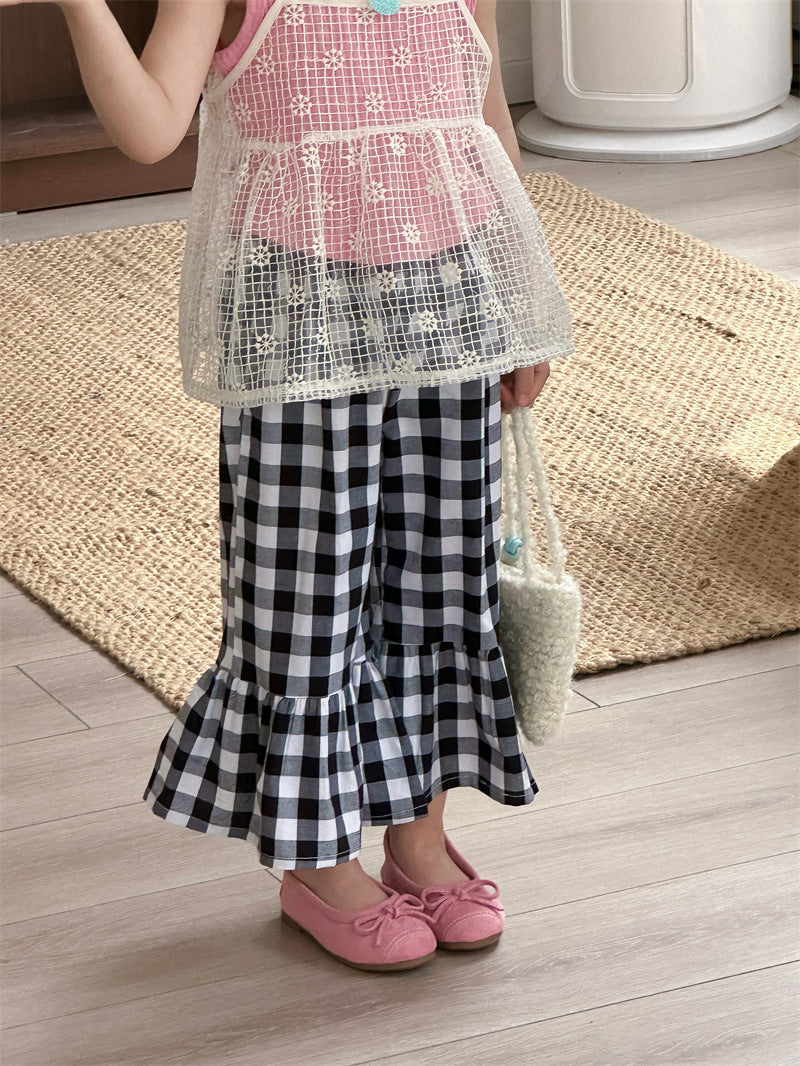 【80-130cm】韓版格子荷葉邊九分褲