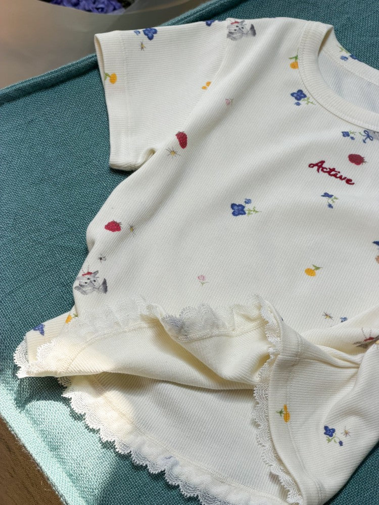 【100-170cm】韓系清新蕾絲邊滿印T