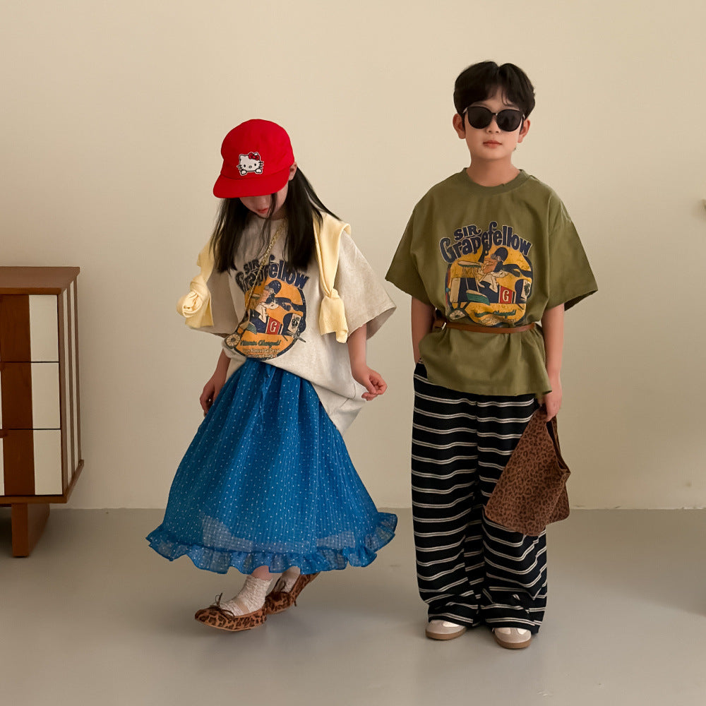 【100-160cm】字母圓領休閒寬鬆短袖