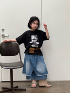 【120-160cm】不規則屁簾拼接寬腿七分牛仔褲