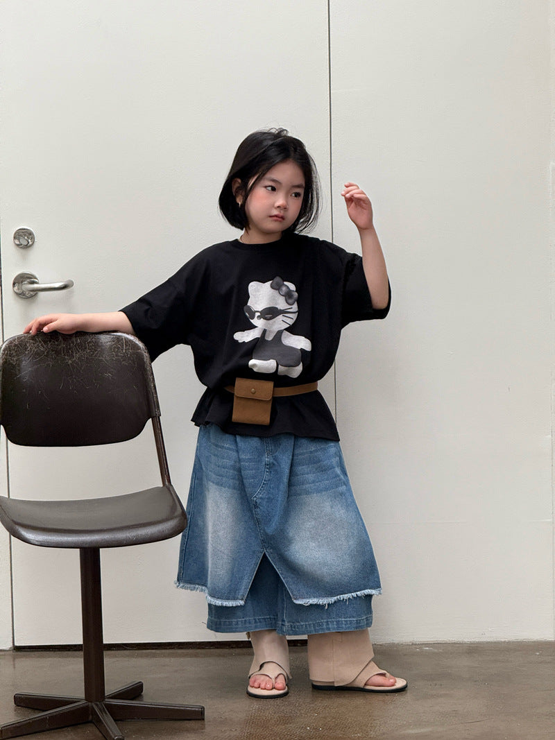 【120-160cm】不規則屁簾拼接寬腿七分牛仔褲