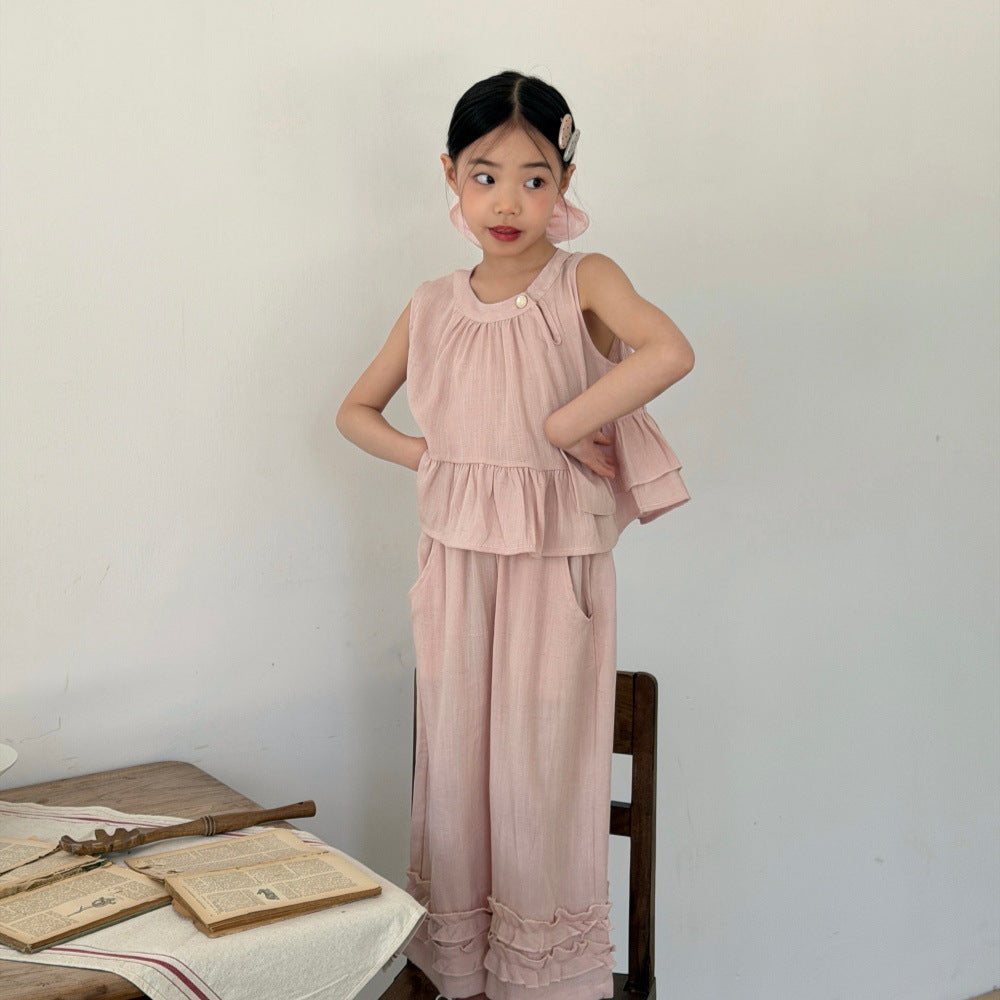 【100-160】韓版荷葉邊亞麻無袖寬褲套裝