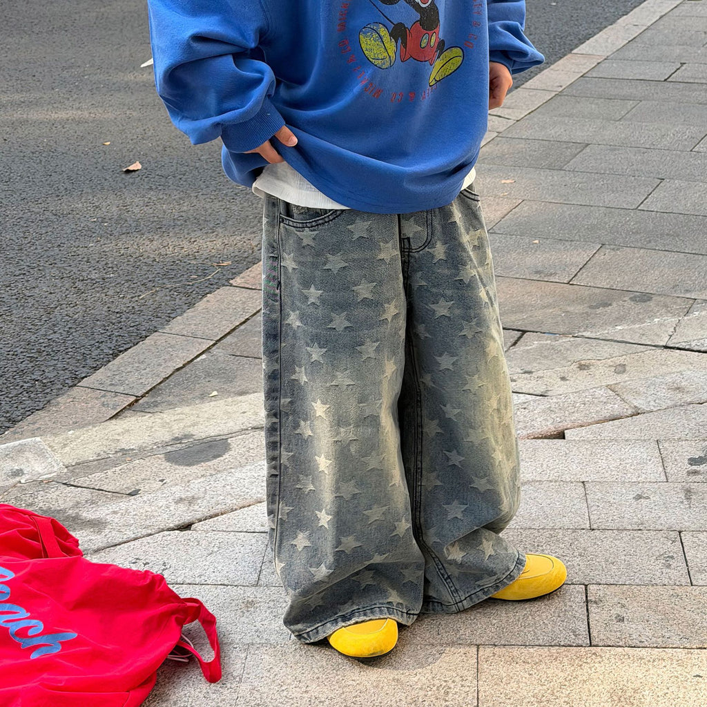 【90-160cm】設計感破洞水洗牛仔褲