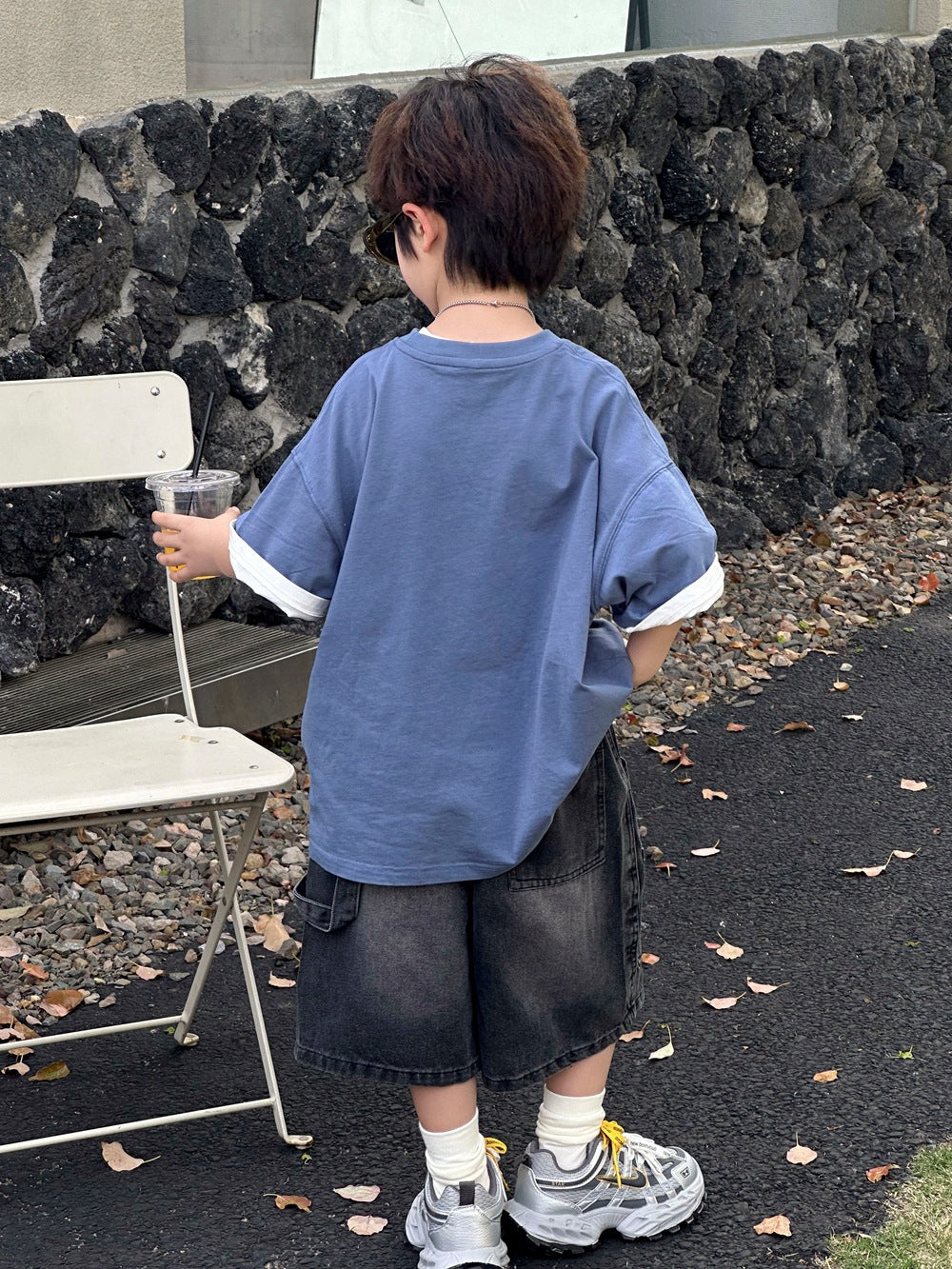 【100-160cm】破洞復古牛仔牛仔五分褲