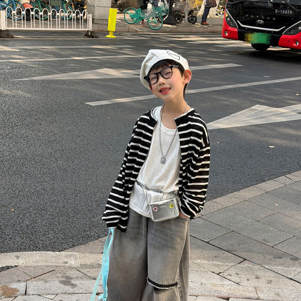 【90-160cm】韓版休閒針織防曬條紋開襟外套