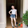 【90-150cm】辣妹字母蕾絲T | 復古牛仔短褲
