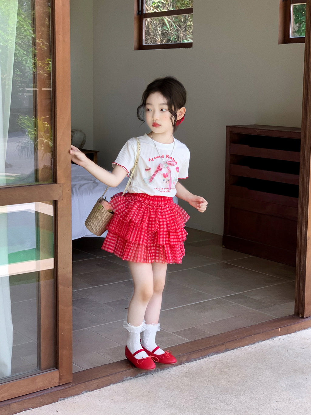 【90-140cm】坑紋蝴蝶結卡通T | 紅格半身裙