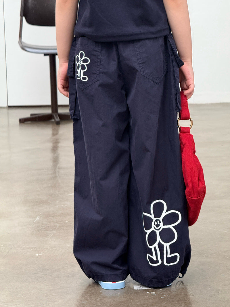 【120-160cm】口袋闊腿工裝褲