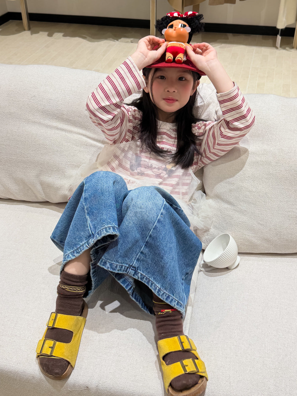 【100-160cm】百搭條紋米奇印花T+網紗兩件套