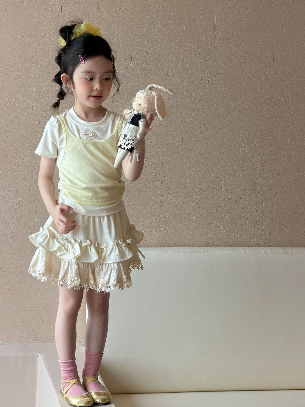【90-150cm】假兩件貼標短袖 | 花邊蝴蝶結半身裙