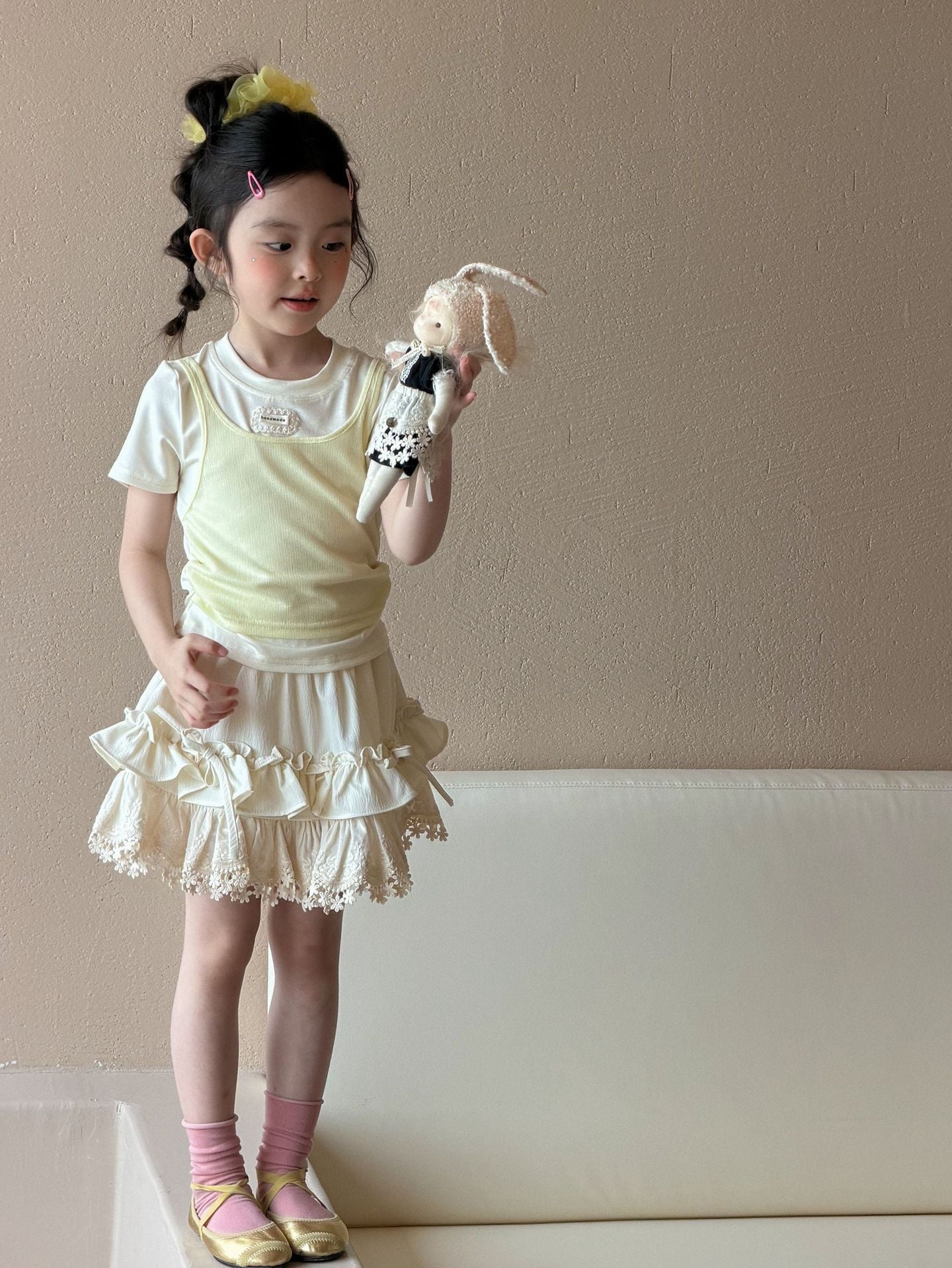 【90-150cm】假兩件貼標短袖 | 花邊蝴蝶結半身裙