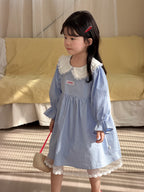 【90-140cm】條紋蕾絲棉布裙洋裝