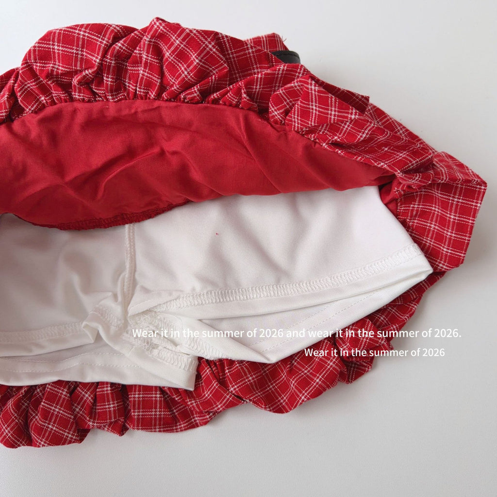 【90-150cm】【含皮帶】紅格子蛋糕小短裙