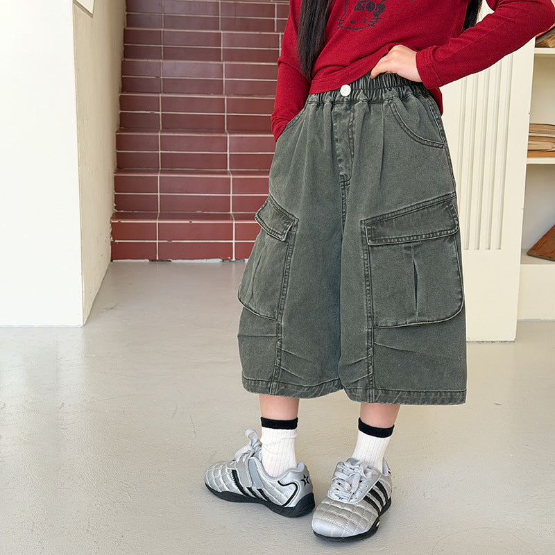【100-170cm】個性時髦口袋工裝風七分褲