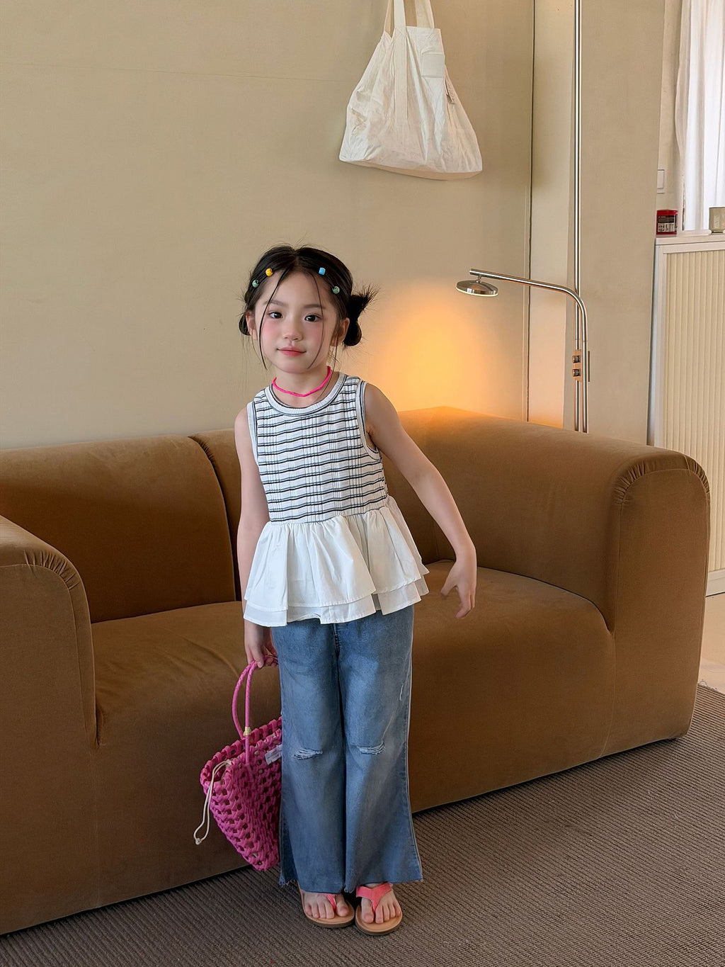 【100-160cm】條紋拼接荷葉邊背心
