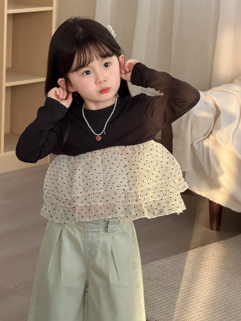 【90-140cm】(2色)波點網紗拼接公主蓬蓬裙上衣