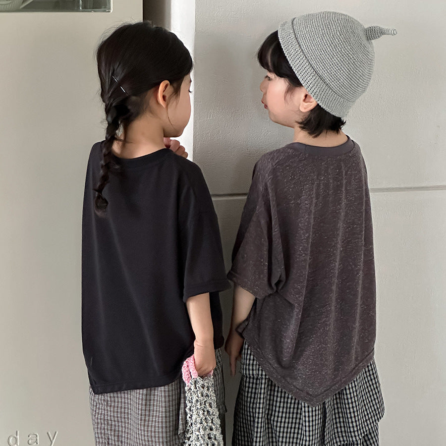 【80-140cm】棉麻不規則字母半袖T