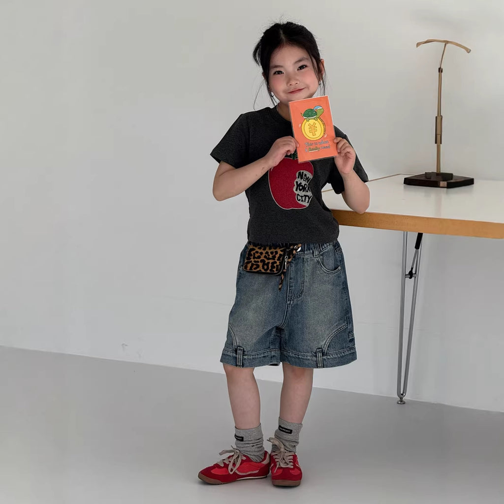 【120-160cm】復古色不規則牛仔中褲