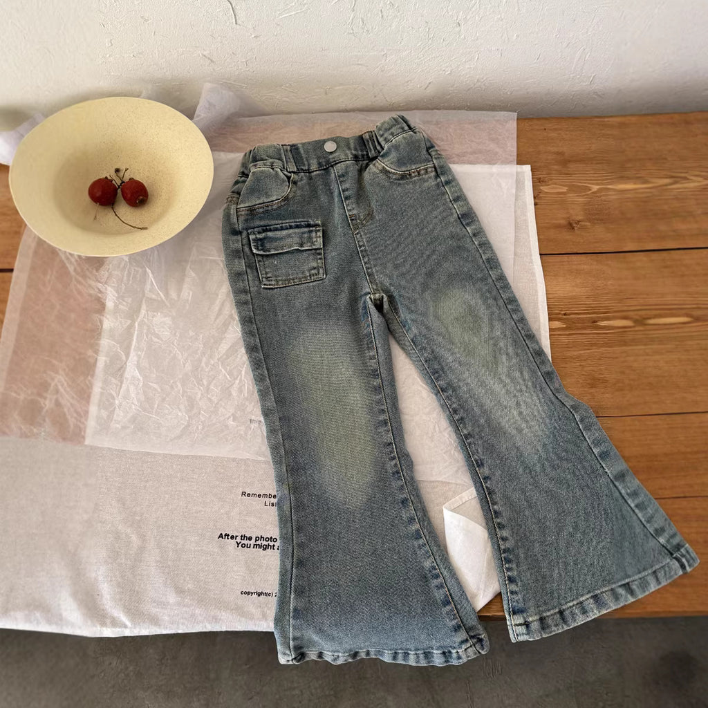 【100-150cm】微喇修身牛仔喇叭褲