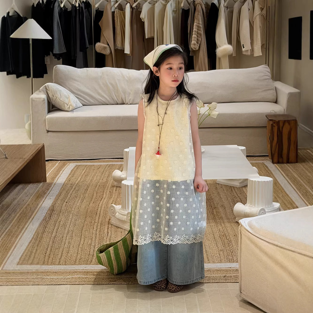 【100-160cm】韓版鏤空罩衫裙｜打底背心