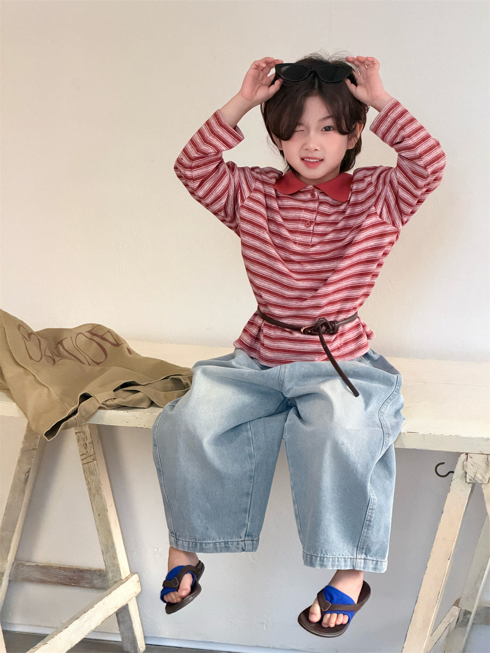 【90-150cm】韓版貓須寬鬆牛仔褲