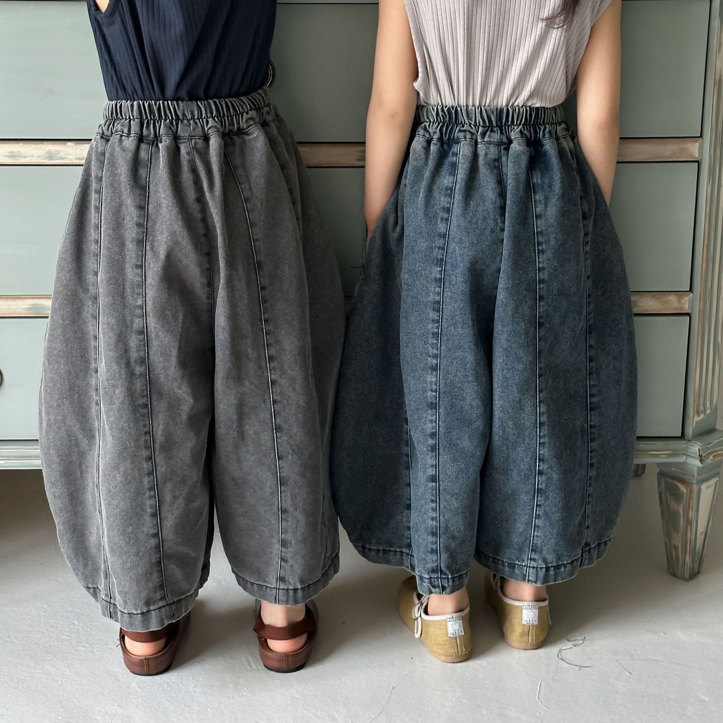 【80-140cm】拼接牛仔褲彎刀褲八分褲