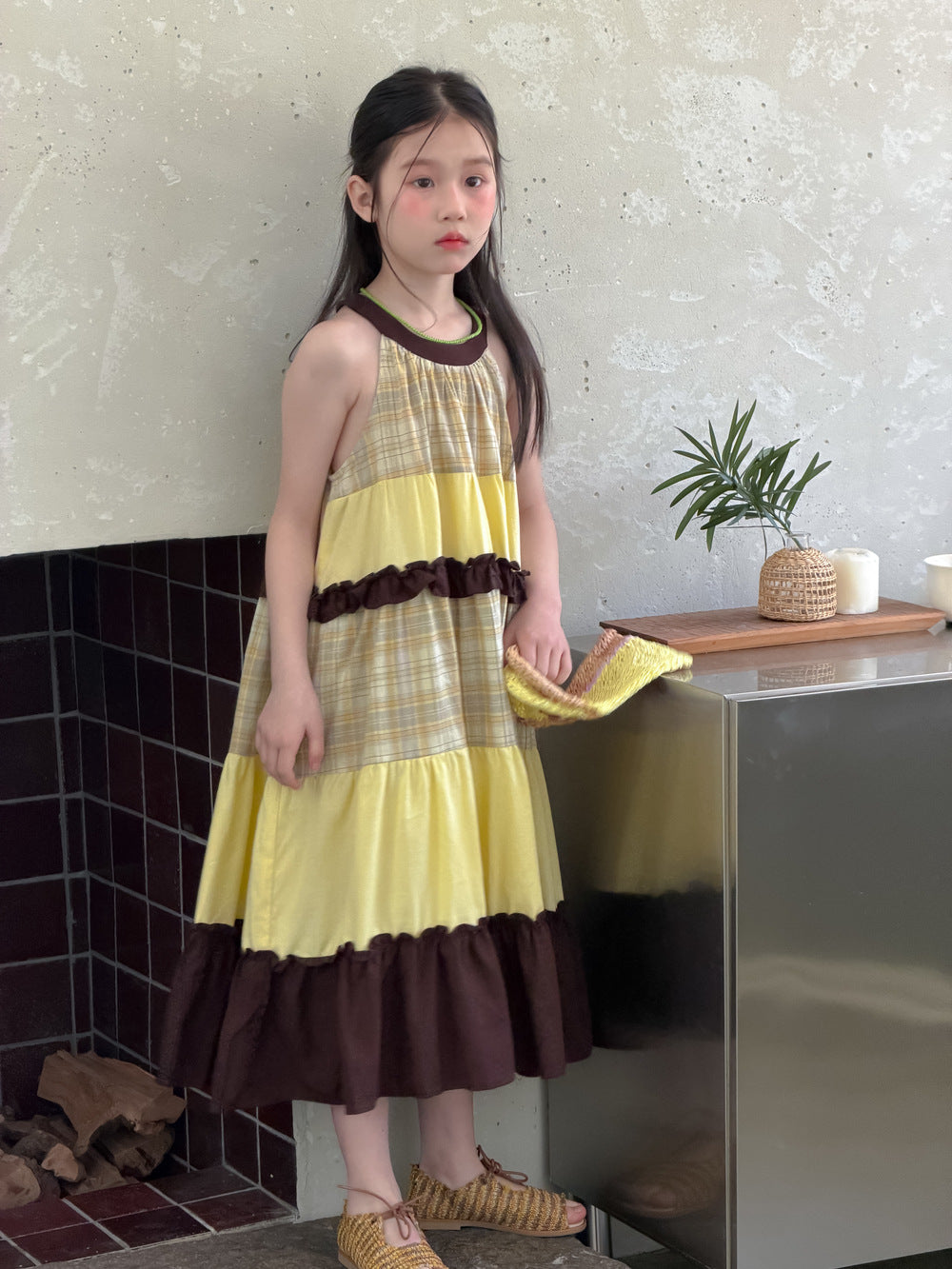 【100-160cm】韓版黃咖拼色掛脖連身裙